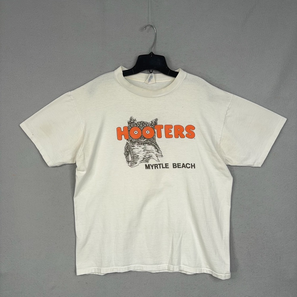 Vintage Hooters Shirt Mens XL White Graphic Myrtle Beach Single Stitch 90s